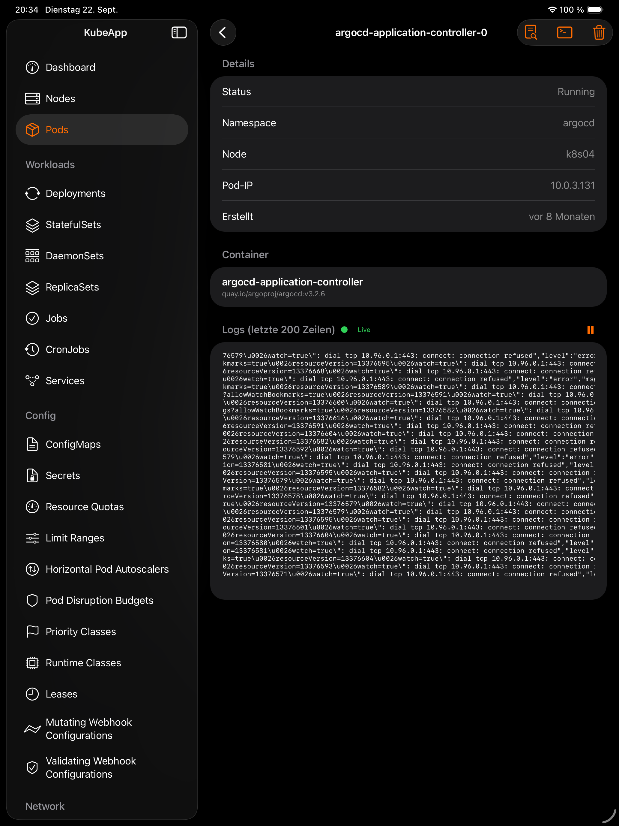 iPad Pod-Detail & Logs Dark